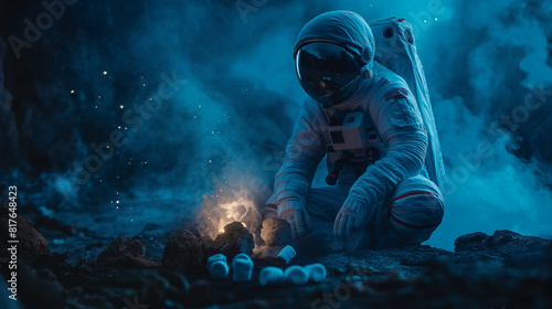 Person in a spacesuit grilling marshmallows, cosmic blue and black gradient background 