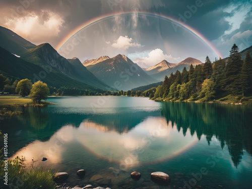 Landscape of a lake surrounded by mountains with rainbow