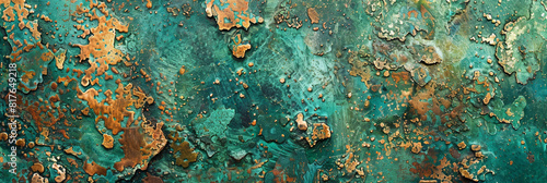 Vibrant and colorful oxidized copper background with green and blue patina, macro view 