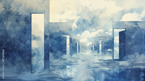 Watercolor depicting a series of doors floating in the sky, each leading nowhere 