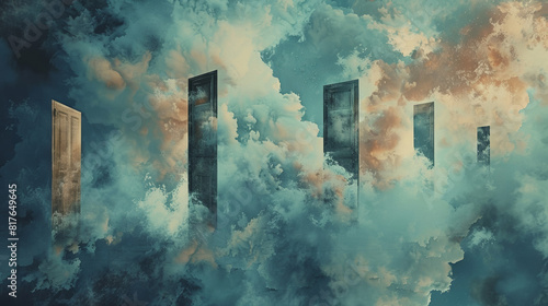 Watercolor depicting a series of doors floating in the sky, each leading nowhere 