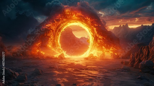 Intense fire engulfs a mystical portal on a desolate, rocky ground, inviting brave souls to venture into the unknown