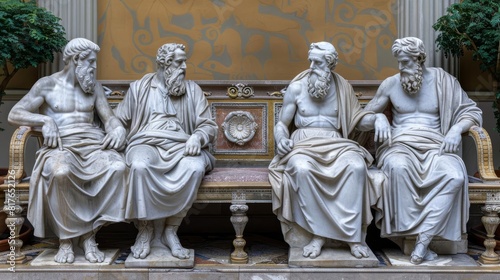 Statues of philosophers on ornate benches, engaged in eternal conversation, illustrating the depth of classical thought