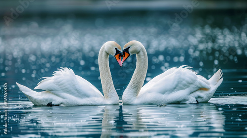 A pair of swans on the lake. Their necks are set in the shape of a heart. Love concept.