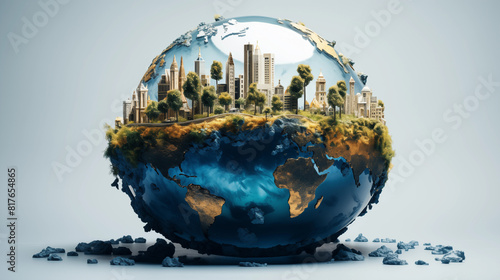 City within the world's crystal ball Below is land, water and ice. The world is protecting and bearing the brunt of life on Earth. Even though it itself is dying out due to human progress.