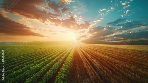 Green soybean field under sunset