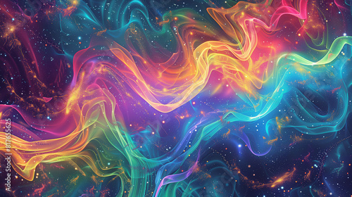 A colorful, swirling galaxy with a rainbow-colored stream of light