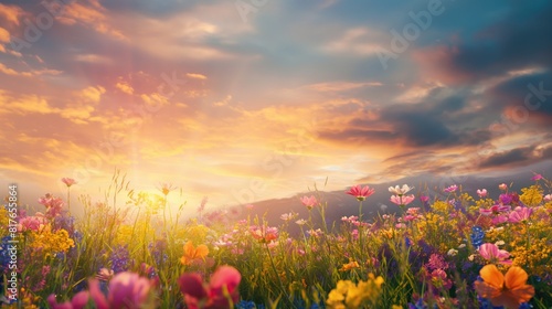 Beautiful breathtaking sunrise landscape in a floral meadow with colorful wild flowers at dawn