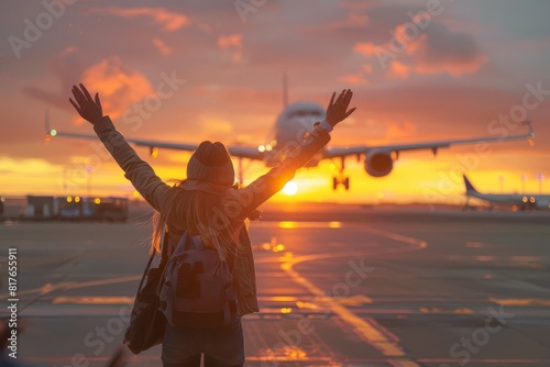 Enthusiastic greeting at the airport with a woman welcoming a landing plane at sunset, expressing the joy of travel