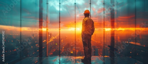 The engineer stood looking outside. Construction industry background