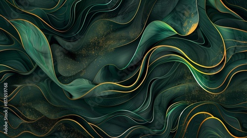 Abstract background , featuring organic forms and flowing lines in vintage emerald green, shimmering gold, and bold black