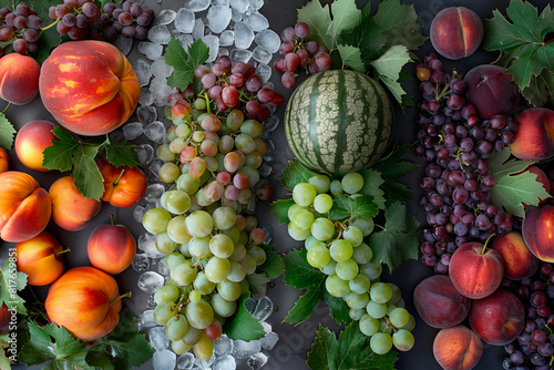Generate an abstract representation where each fruit transforms into the next season: winter's icy grapes melt into spring's budding watermelons, summer's ripe peaches morph into autumn's pumpkin-appl