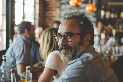 Portrait of senior bearded hipster man with glasses sitting in a pub