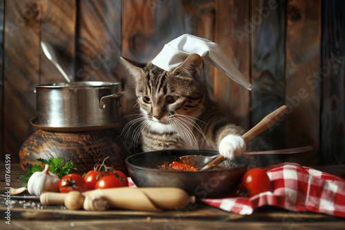 chat cuisinier, chat chef cuisto, chat qui prépare la cuisine, chat créé une recette