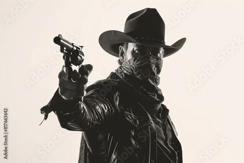 Full-length shot of a cowboy outlaw pointing a gun wearing a bandana and cowboy hat