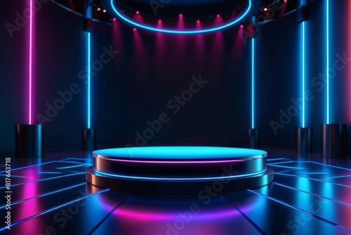 Background podium 3D light neon blue platform stage product abstract. Scene background 3D podium dark pedestal room glow studio empty stand floor night modern circle show space display game led black.