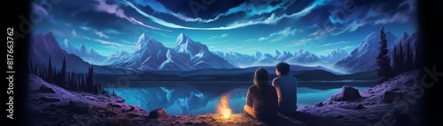 A couple is sitting by a campfire, looking out at a beautiful mountain landscape
