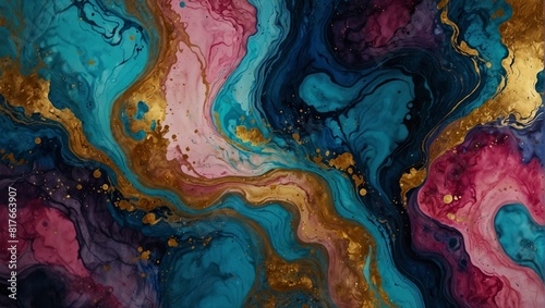 Marble ink abstract art background. Luxury abstract fluid art painting in alcohol ink technique, mixture of blue, pink and gold paints. generative.