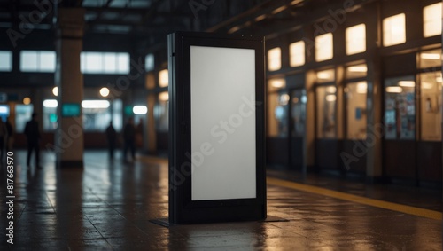 Mock up. Vertical advertising billboard, lightbox with empty digital screen on railway station. Blank white poster advertising, public information board stands at station.