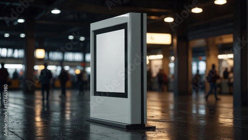 Mock up. Vertical advertising billboard, lightbox with empty digital screen on railway station. Blank white poster advertising, public information board stands at station in front of people and train.