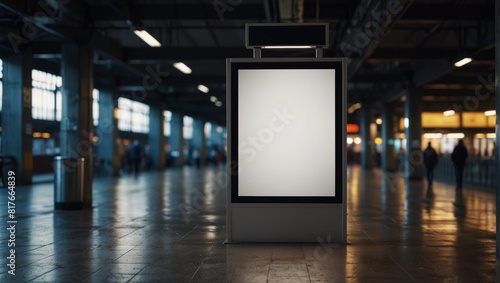 Mock up. Vertical advertising billboard, lightbox with empty digital screen on railway station. Blank white poster advertising, public information board stands at station.