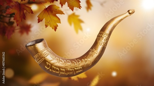 The golden shofar in the image has intricate designs and is set against a warm golden background that features autumn leaves and a soft glowing light.