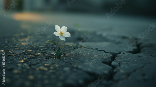 white flower grows between the crack of a concrete street