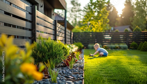 A toddler plays with a toy in a well-maintained, modern backyard garden featuring vibrant plants, a neat lawn, and a sleek wooden fence. 
