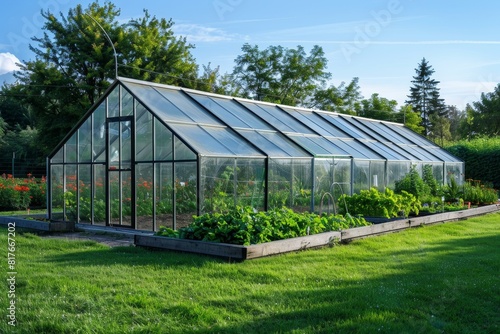 An outdoor greenhouse on green grass blocks insects from damaging organic vegetables