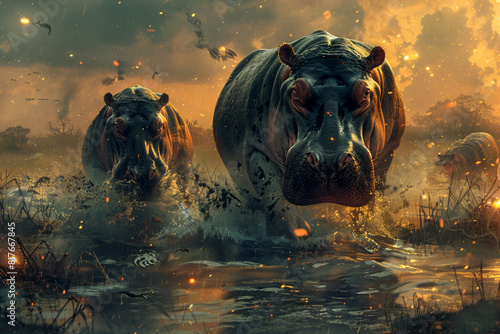 Illustrate the chaotic skirmish between rival hippo bulls vying for dominance over a riverbank, their glowing eyes betraying their ferocious intent