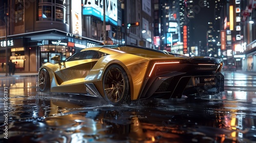 Luminous gold sports coupe on a rain-soaked city street at night, text space on the left.