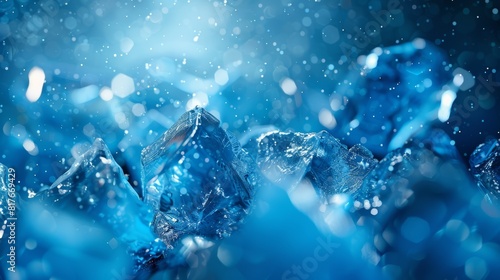 Close-up of blue ice cubes with water drops.