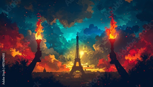 Vintage-inspired poster of Olympic torches with Eiffel Tower and Paris skyline