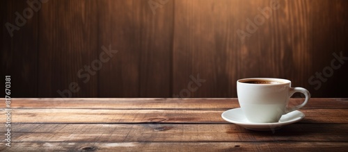 A coffee cup sits on a wooden table with a grungy background and empty space for writing Copy space image