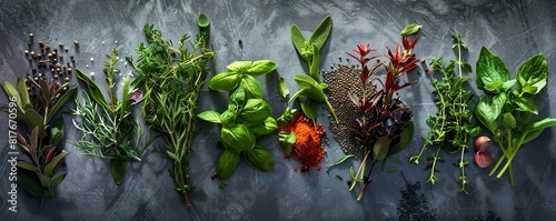 Fresh herbs and spices on a rustic background.