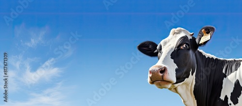 A Holstein cow with a full udder chews the cud in a summer pasture against a clear blue sky Its profile view offers a copy space image