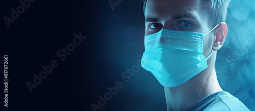 A young man is seen wearing a blue medical mask as a precautionary measure against infection with a copy space image