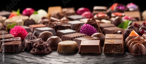 Swiss chocolate candies featuring a delectable assortment of flavors are showcased in this enticing copy space image