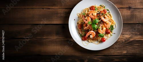 A copy space image showcasing shrimp tomatoes and herbs atop fettuccine pasta beautifully presented on a wooden background