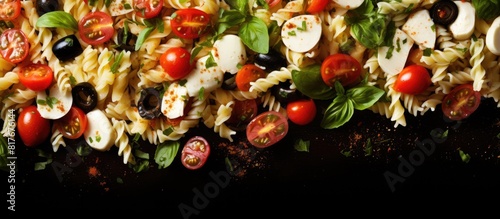 Italian food background with a copy space image featuring a pasta salad adorned with mozzarella olives and tomatoes