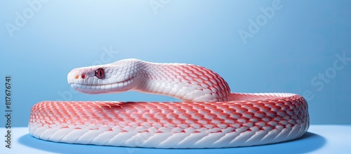 An albino corn snake slithers gracefully displaying its vibrant colors against the pristine background of a copy space image