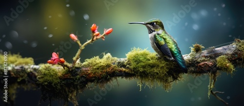 A single ana s hummingbird perched on a mossy branch in the park with a creamy green backdrop as a copy space image
