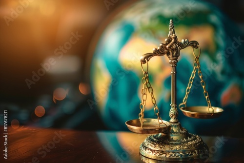 Closeup of a scale of justice resting on a table, with a globe in the background. The balanced scale is symbolic of equality and fairness