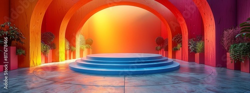 Vibrant and artistic stage design with eye-catching curves and colorful backdrop
