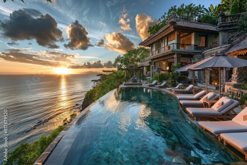 Pool with lounge chairs at a luxury Bali villa on a cliffside, with stunning sea views