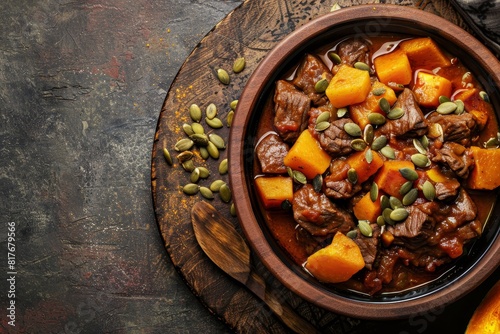 Beef and squash goulash with pumpkin seeds Autumn inspired dish Symbolic image Concept for a delicious meal