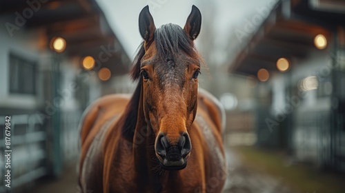Majestic Brown Horse Outside a Stable
