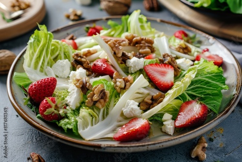 Belgian endive with goat cheese strawberries walnuts on table