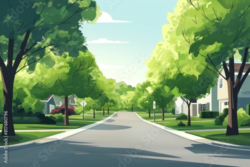 Minimalist illustration of a tranquil, treelined suburban street with clear skies, perfect for residential or neighborhood themed visual content