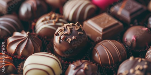 Close-up of assorted chocolate truffles with decorative patterns. World Chocolate Day
